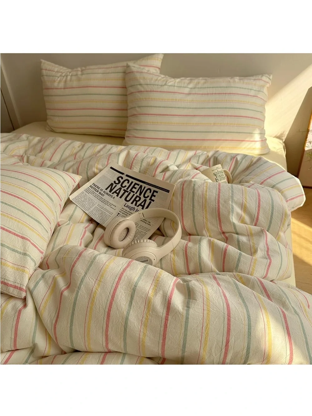 NEW Colorful 100% Cotton Striped Duvet Cover Pink Green Yellow, 3-Piece. Full